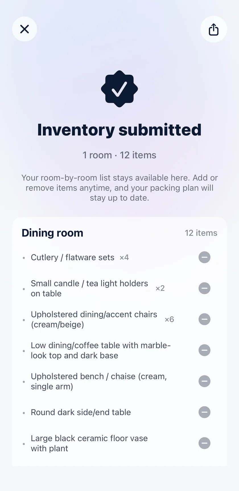 Peezy inventory after a room scan